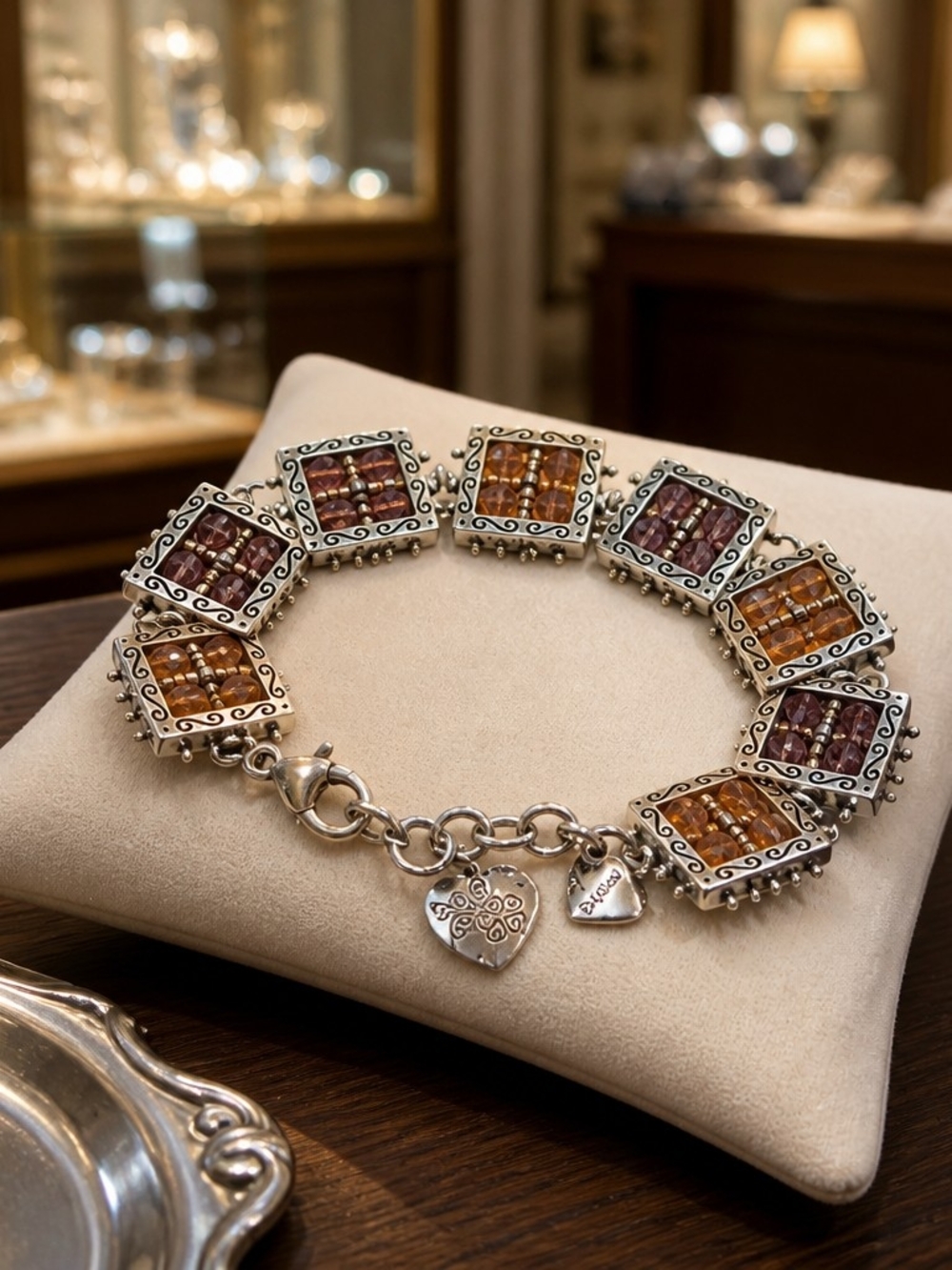 Brighton Silver Bracelet with Amber and Garnet Beads